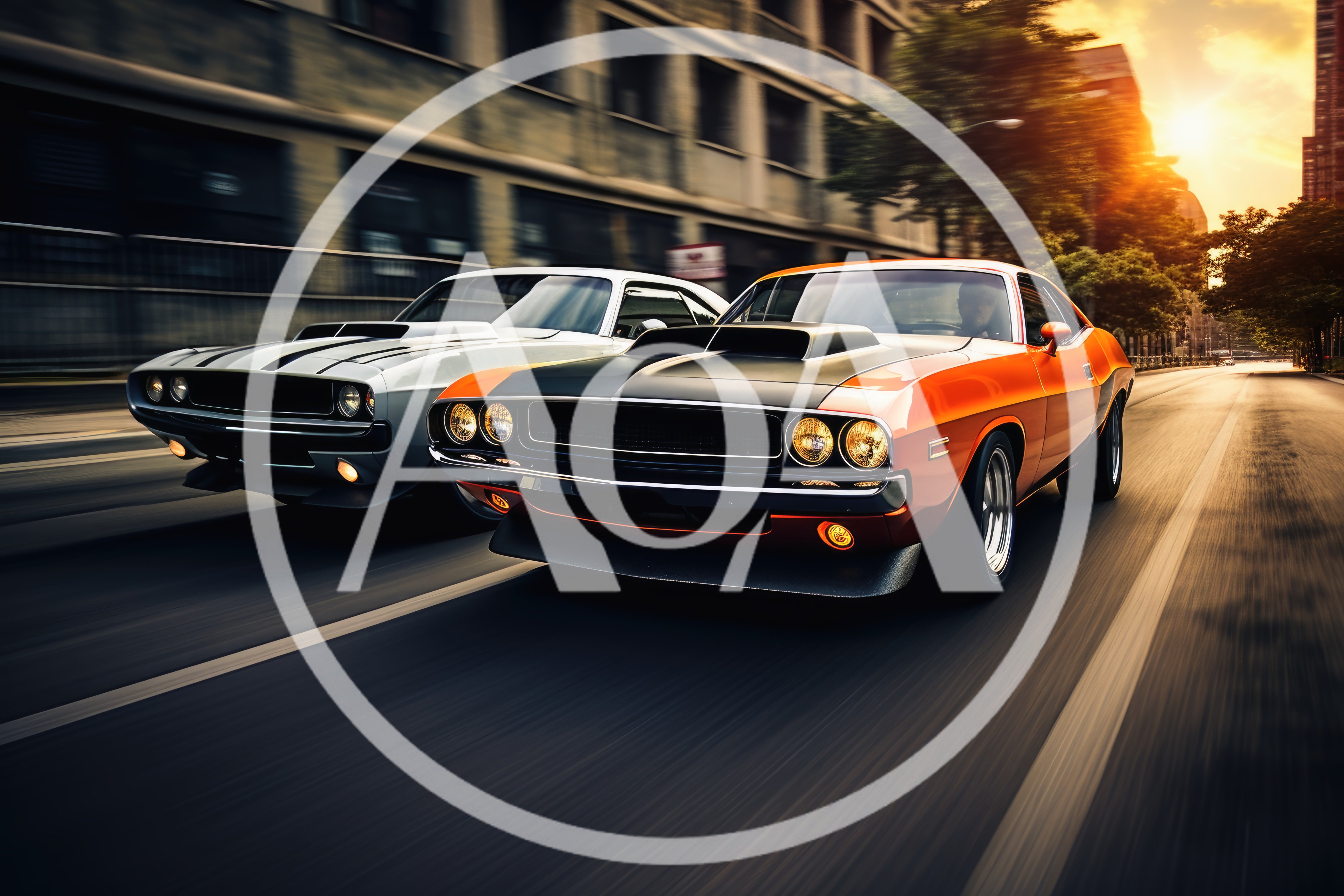Two Classic Muscle Cars Racing Down City Street
