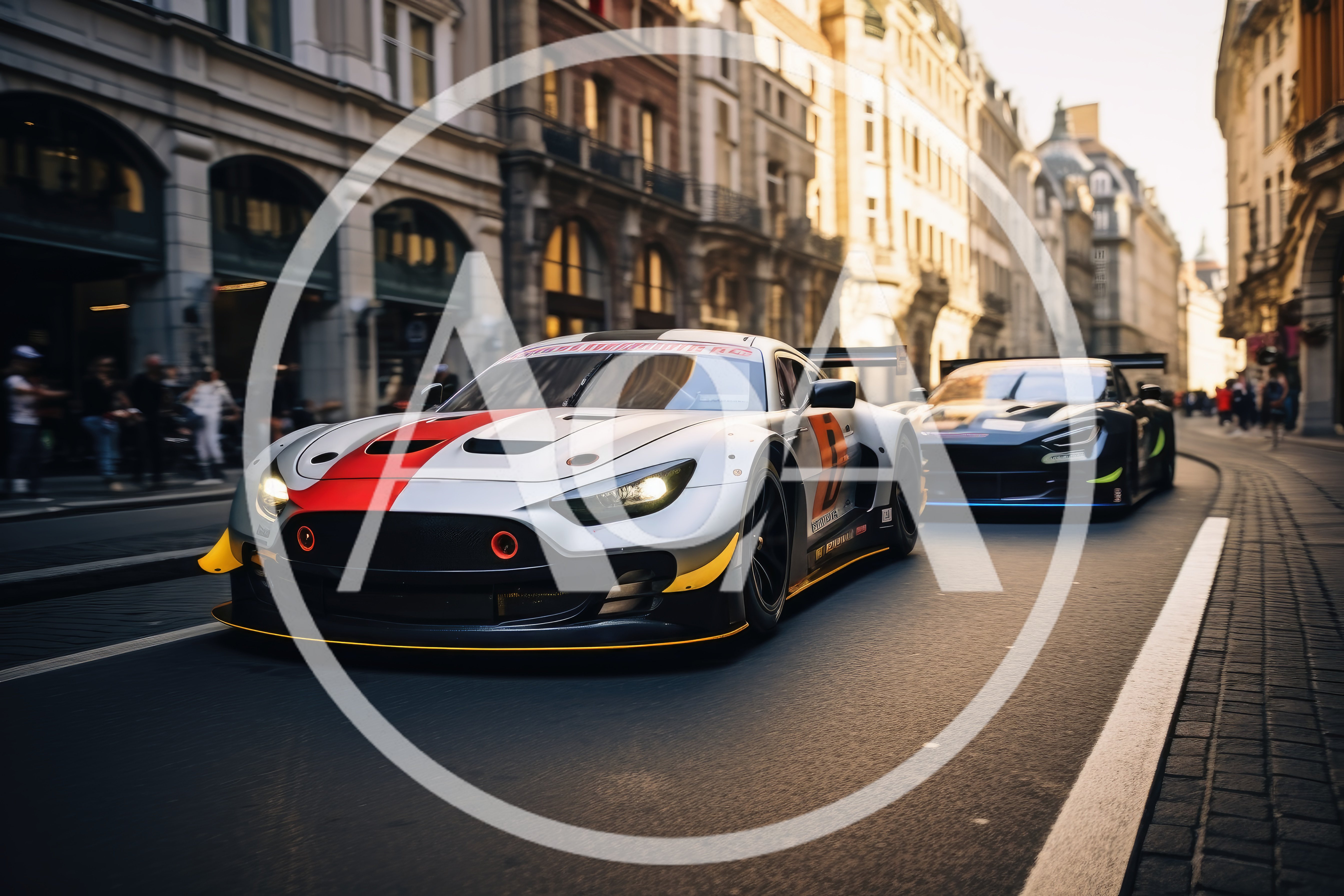 Two Racing Cars Driving Through A European City Street