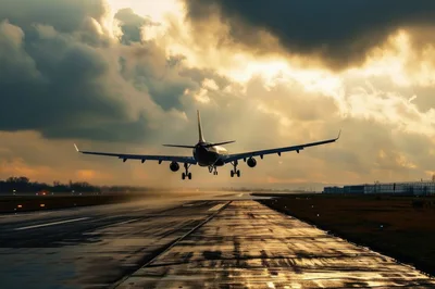 Commercial Airplane Landing On Wet Runway At Sunset