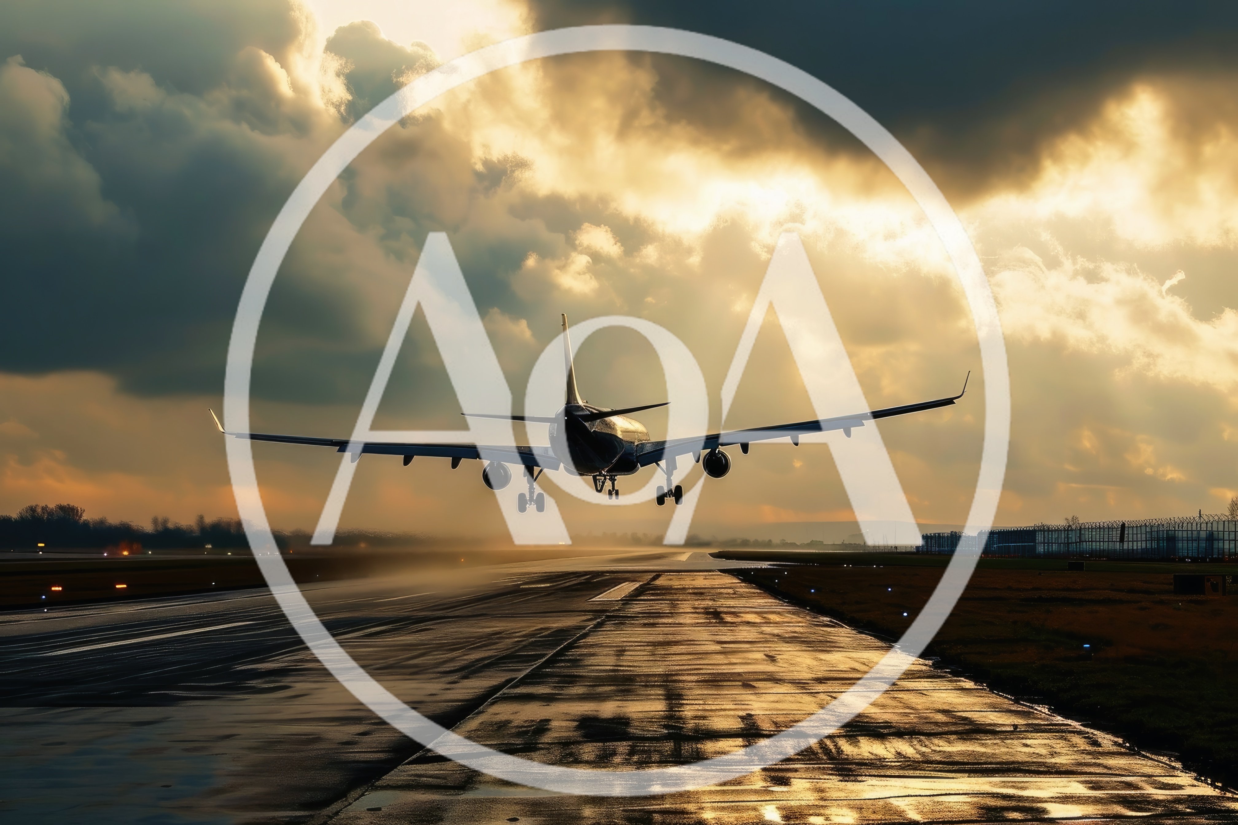 Commercial Airplane Landing On Wet Runway At Sunset