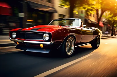 Classic Red Convertible Muscle Car Driving Down City Street