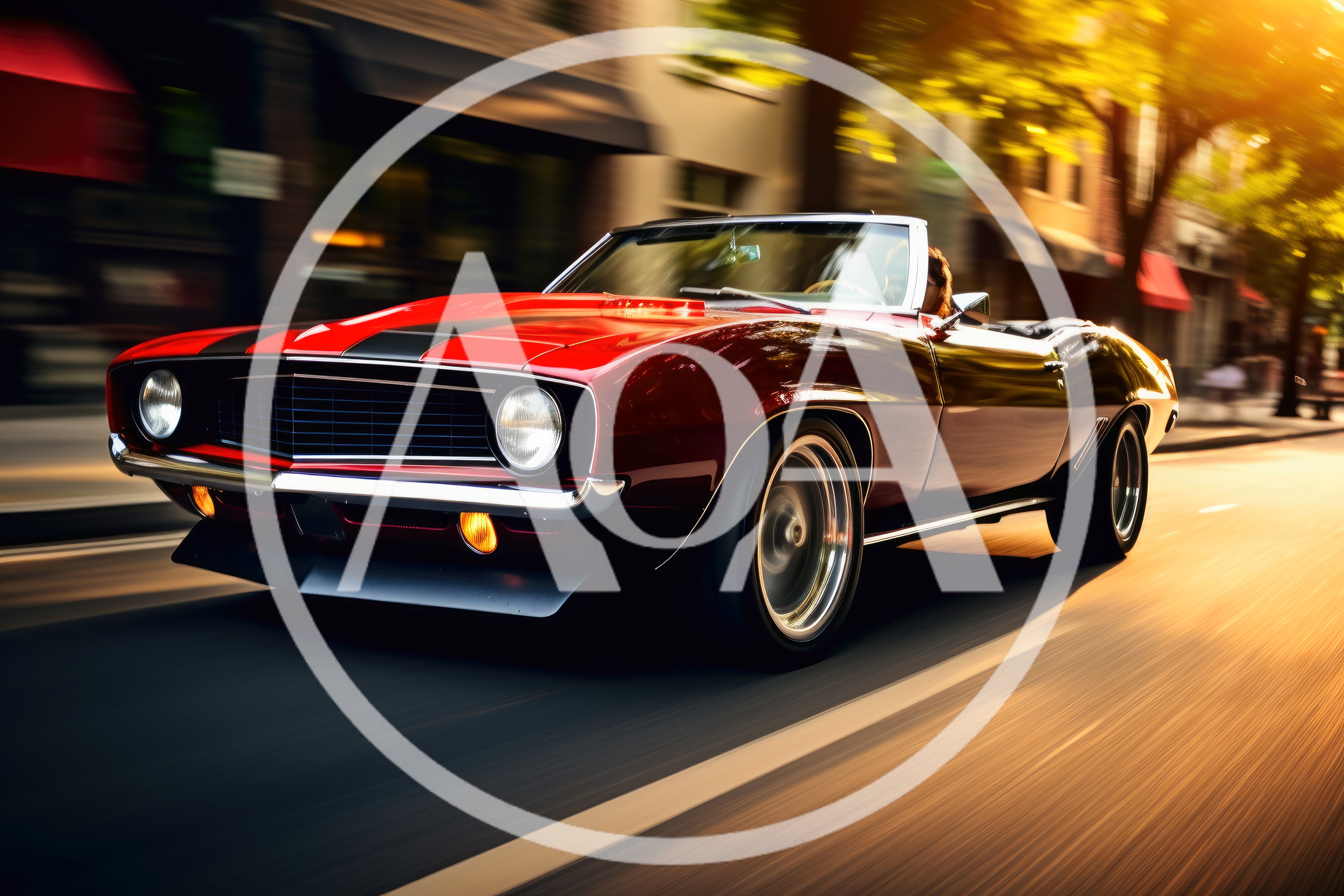 Classic Red Convertible Muscle Car Driving Down City Street