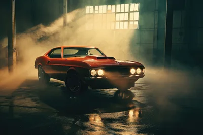 Classic Red Muscle Car In Industrial Warehouse