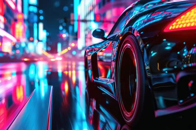 Sports Car Driving Through Neon City Streets