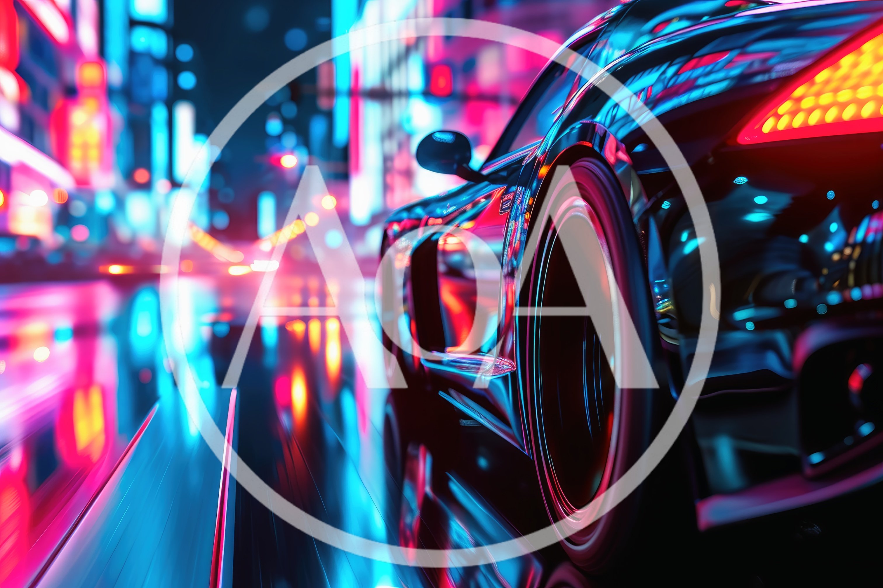 Sports Car Driving Through Neon City Streets