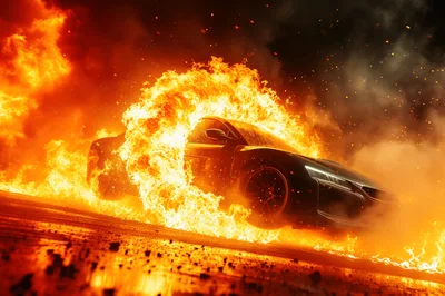 Sports Car Driving Through A Ring Of Fire