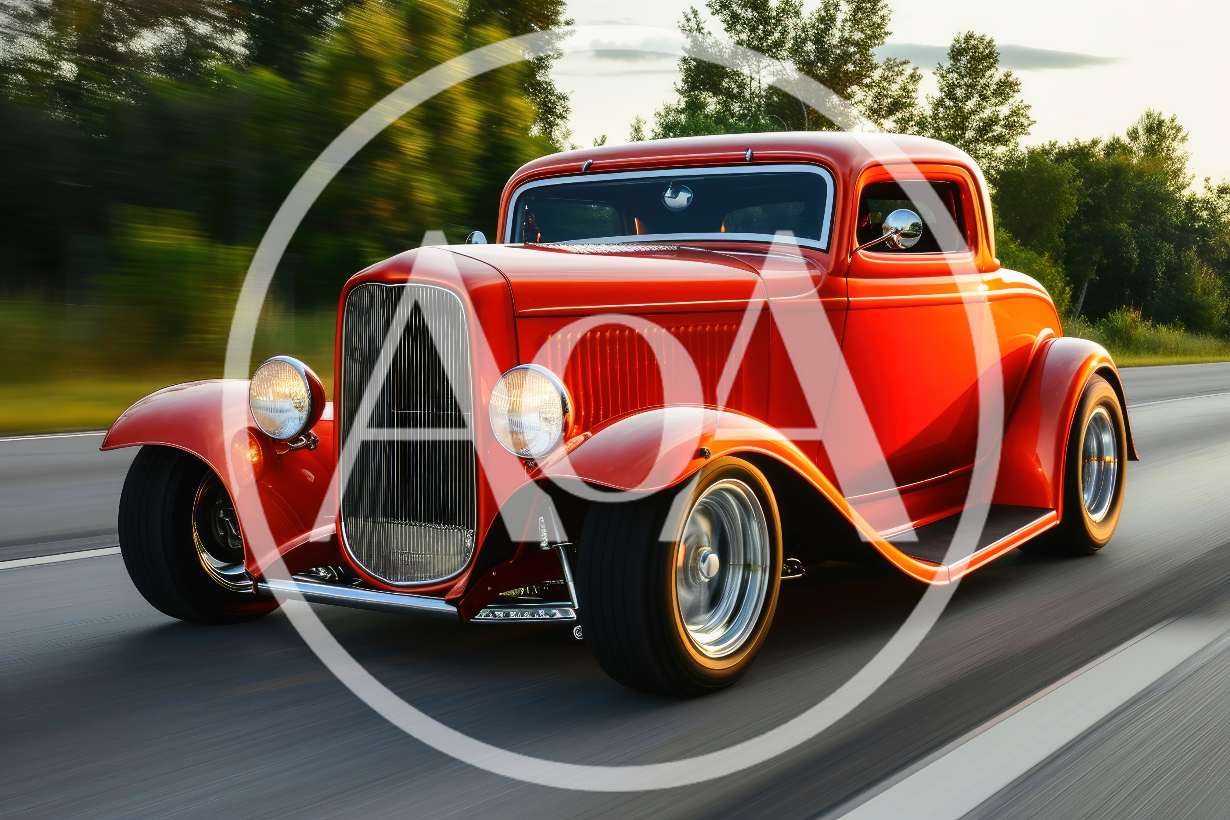 Classic Red Hot Rod Driving On Highway