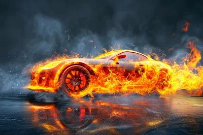 Sports Car Engulfed In Intense Realistic Fire