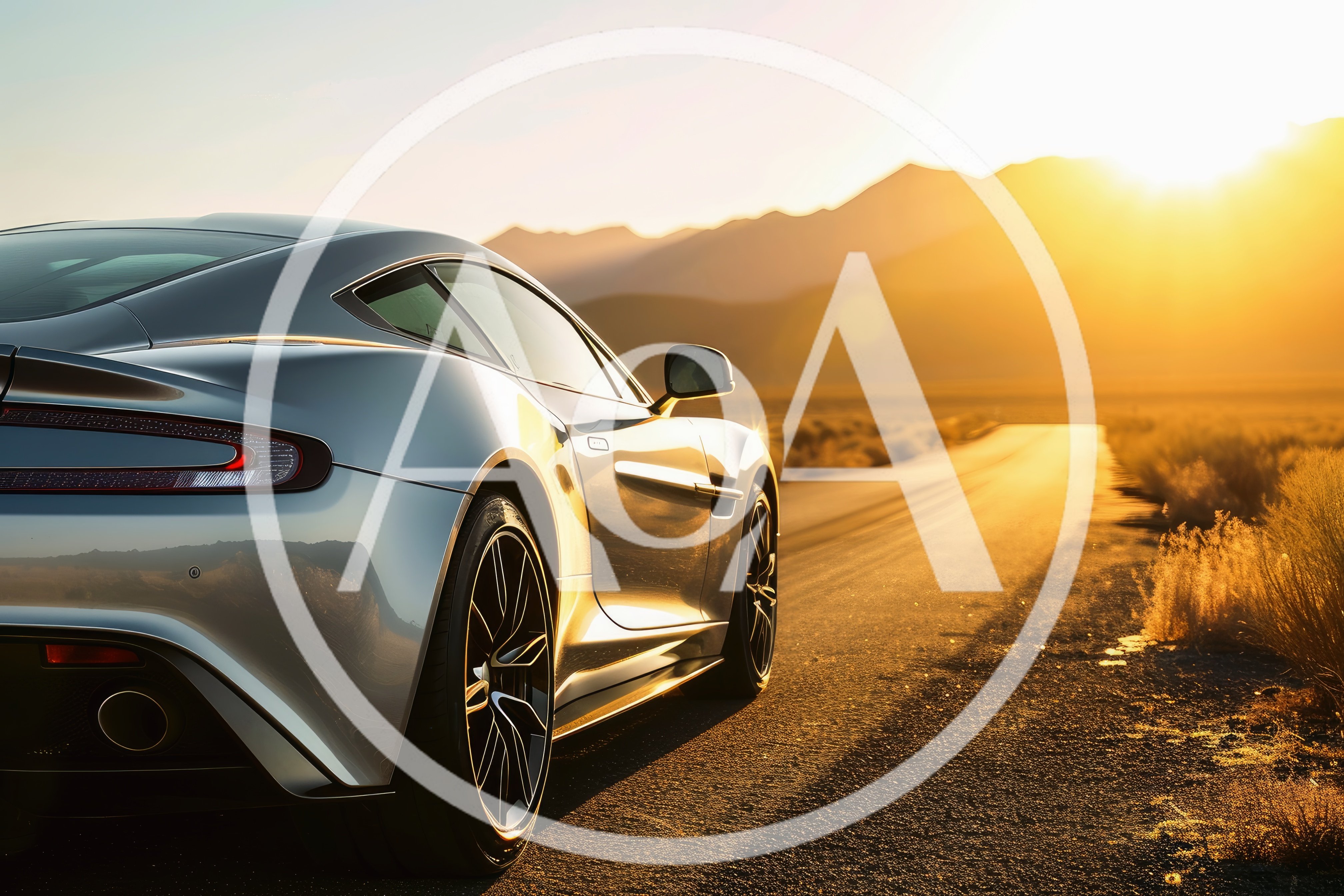 Silver Sports Car Parked on Desert Road at Sunset