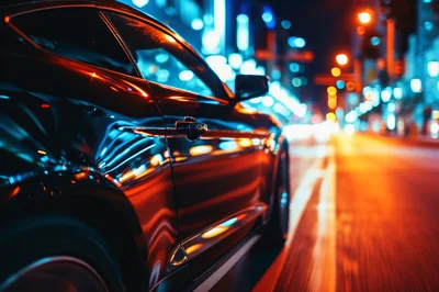 Black Sports Car Driving Through City Streets At Night