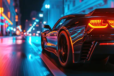 Sports Car Driving Through Neon City Streets