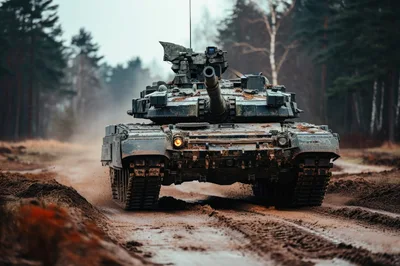 Main Battle Tank Moving Through Muddy Forest Road