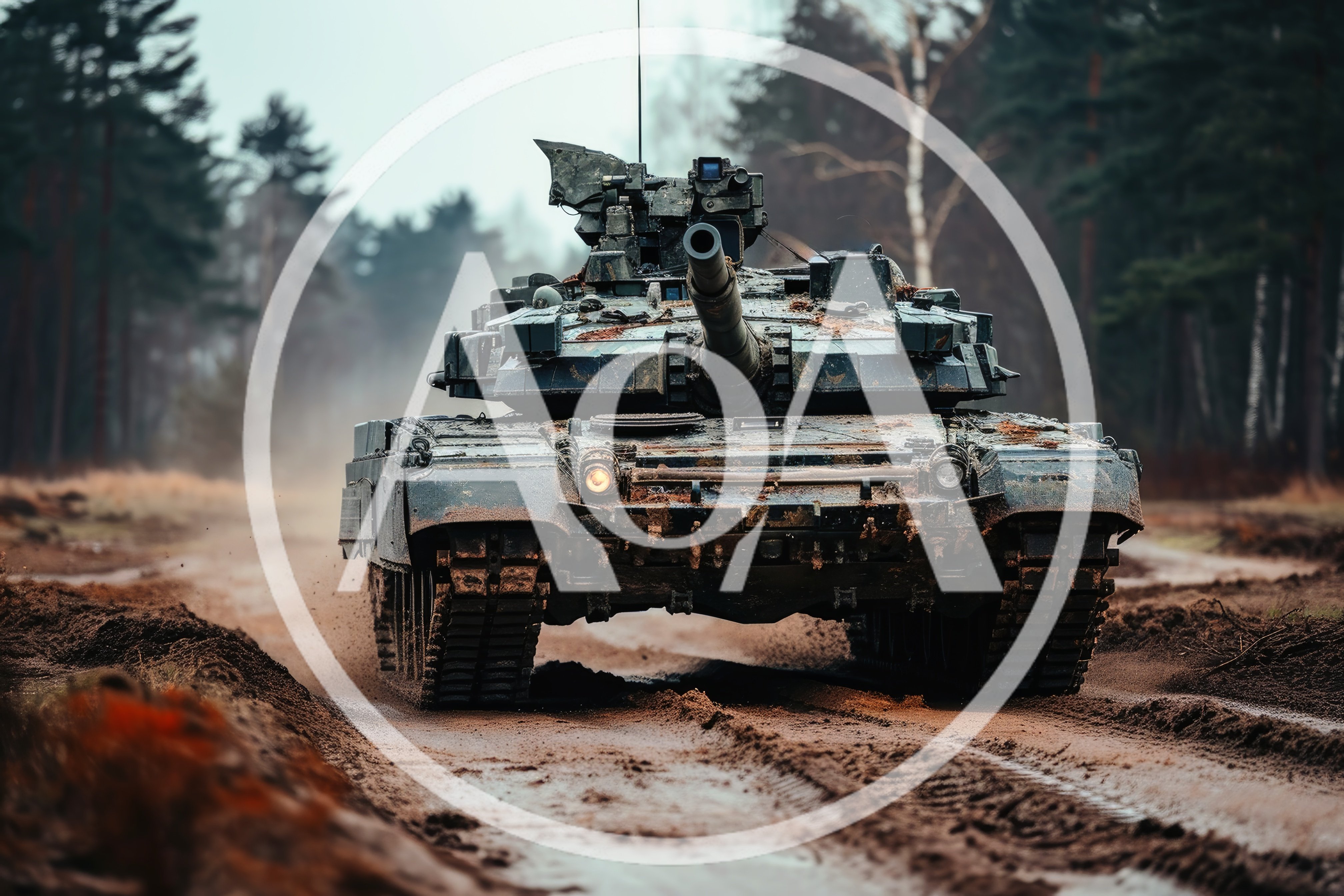 Main Battle Tank Moving Through Muddy Forest Road