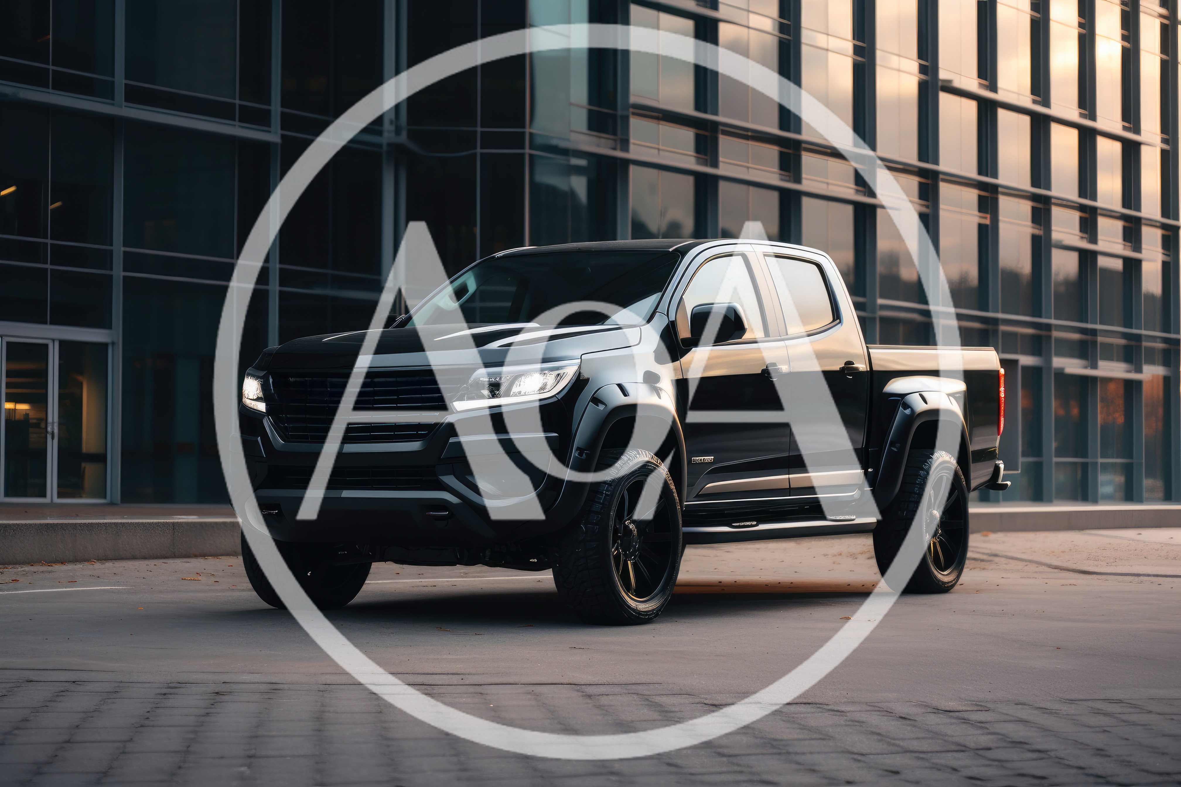 Black Pickup Truck Parked Outside Modern Glass Building