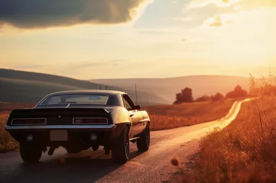 Classic Muscle Car Parked On A Rural Road At Sunset