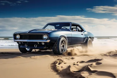 Classic Muscle Car Driving On Sandy Beach