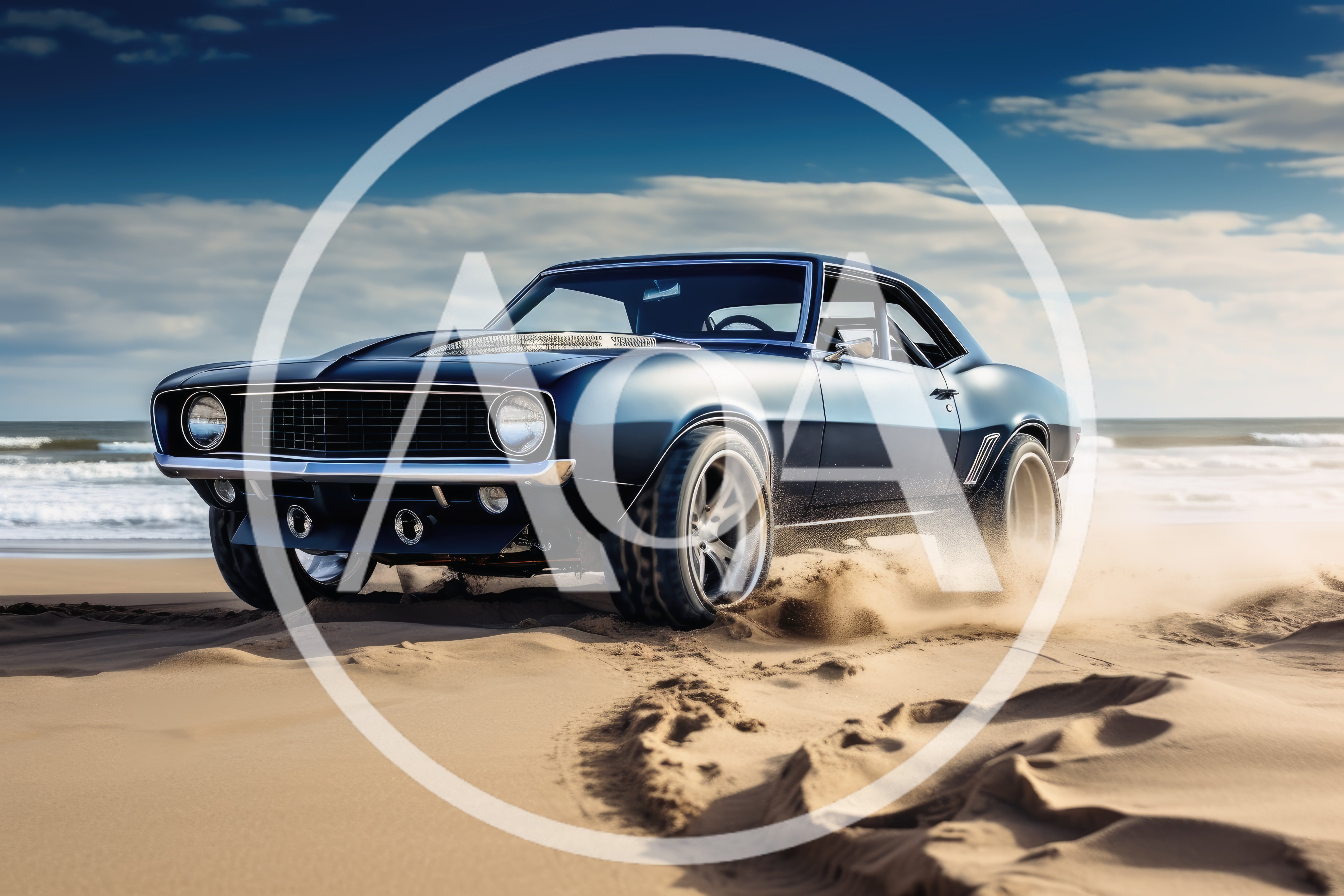 Classic Muscle Car Driving On Sandy Beach