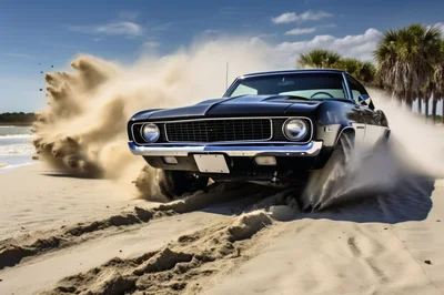 Classic Black Muscle Car Driving Fast On Sandy Beach