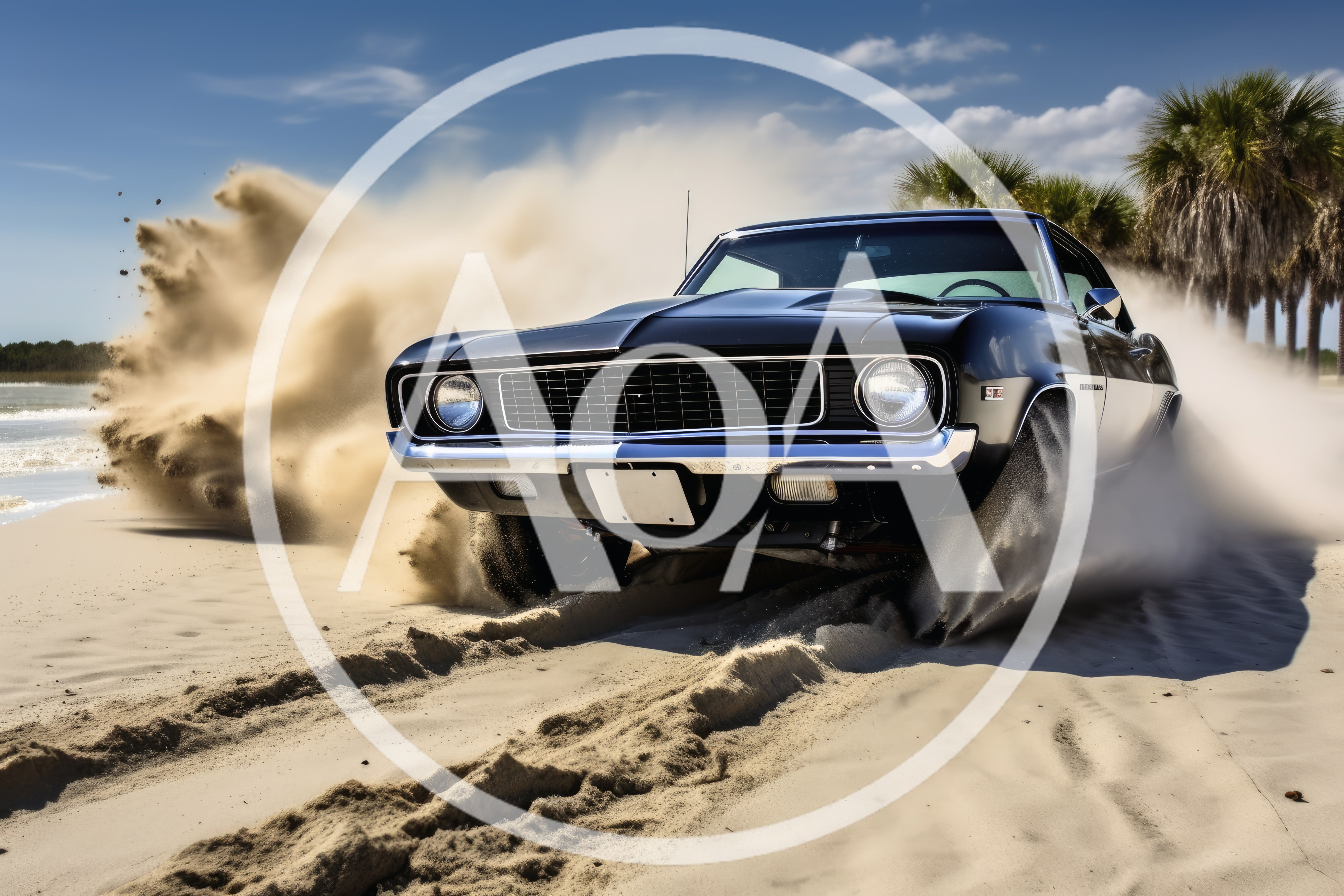 Classic Black Muscle Car Driving Fast On Sandy Beach