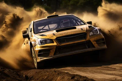 Yellow Rally Car Drifting Through Dirt Track