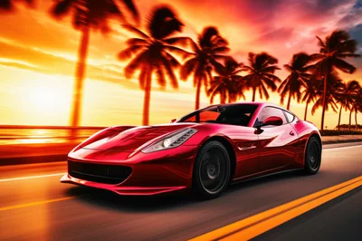 Red Sports Car Driving Along Tropical Coastal Road