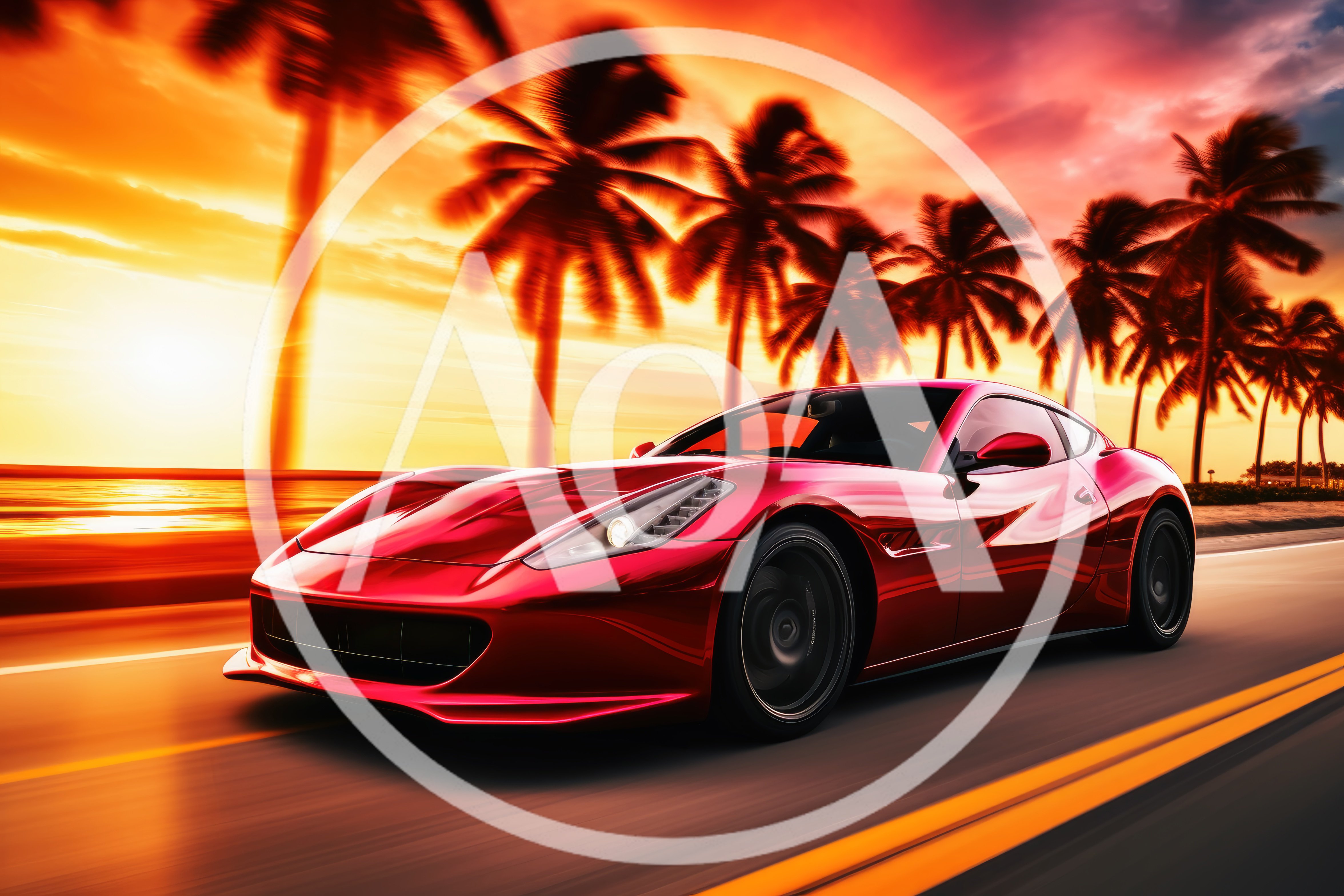 Red Sports Car Driving Along Tropical Coastal Road