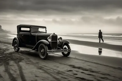 Vintage Car Parked On A Misty Beach