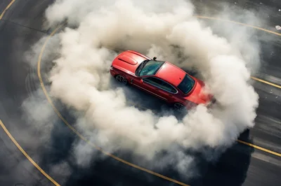 Red Sports Sedan Performing A Drift Burnout