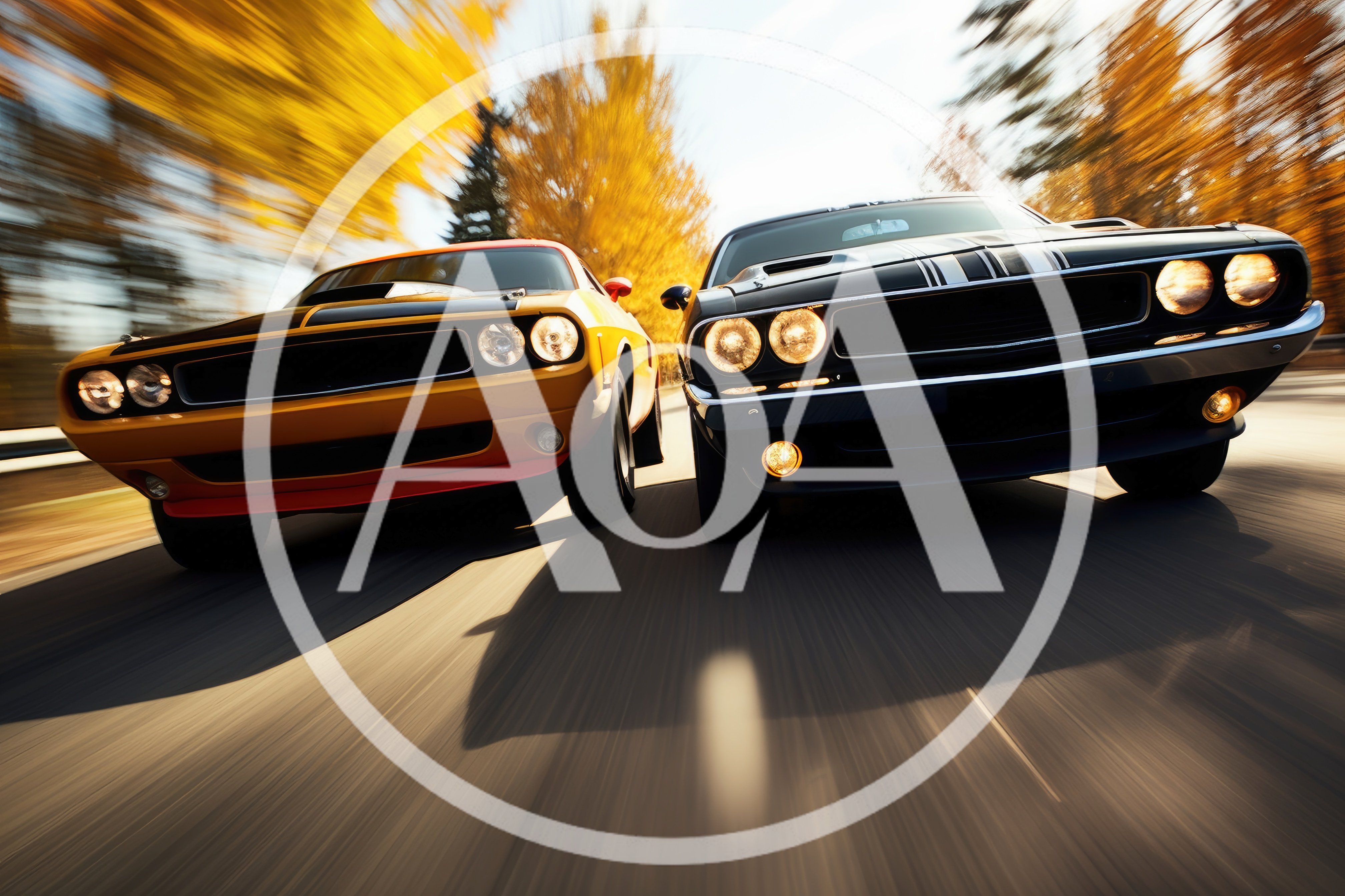 Two Muscle Cars Racing on Autumn Road