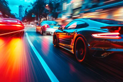High Speed Sports Cars Racing Through City Streets