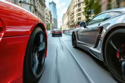 Red and Silver Sports Cars Racing Through City Streets