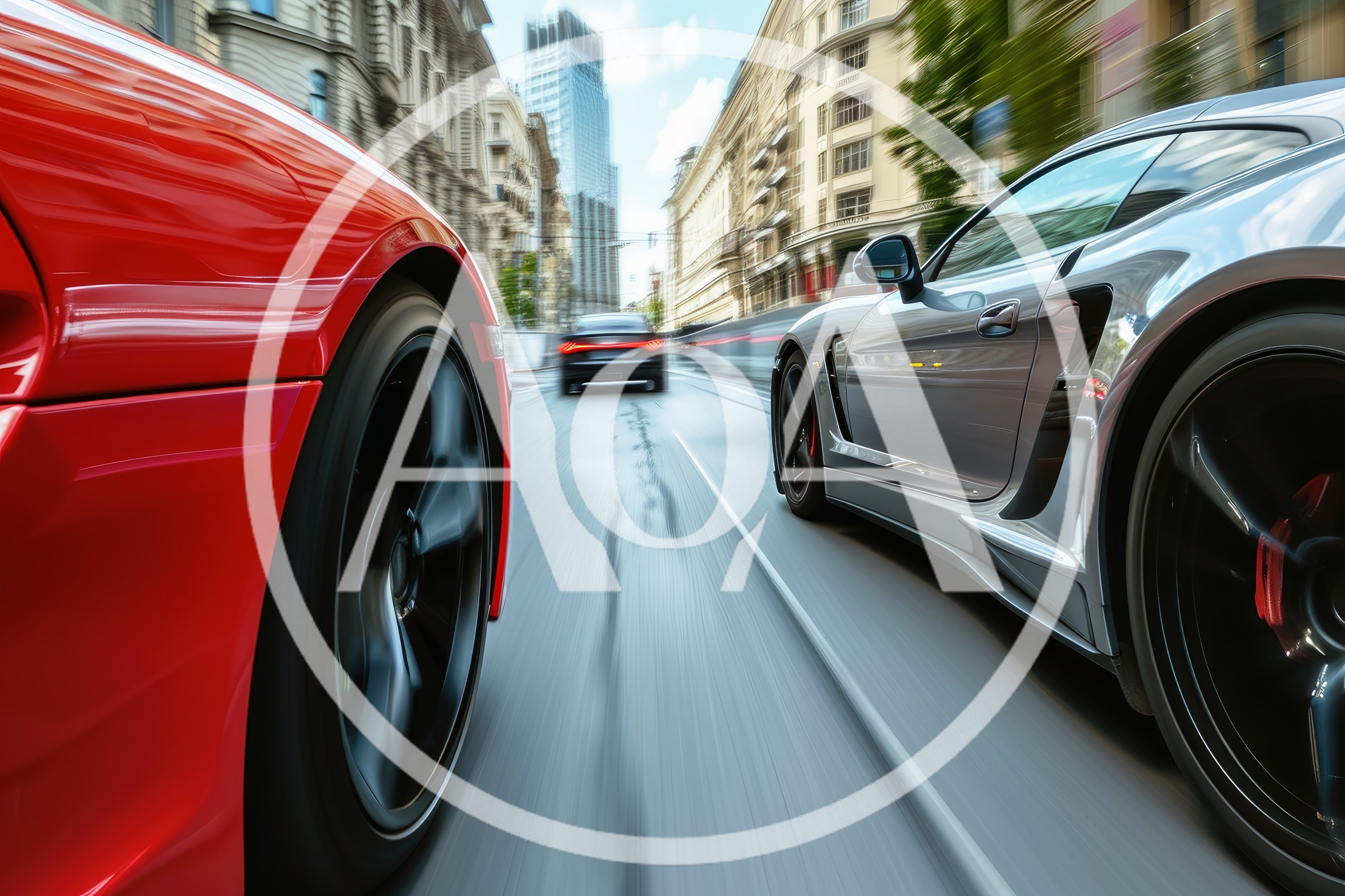 Red and Silver Sports Cars Racing Through City Streets