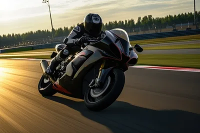 Professional Superbike Racer Cornering On Racetrack At Sunset