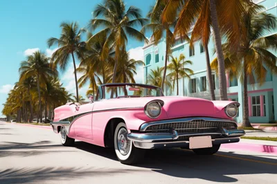 Vintage Pink Convertible Driving Down Palm Tree Lined Street