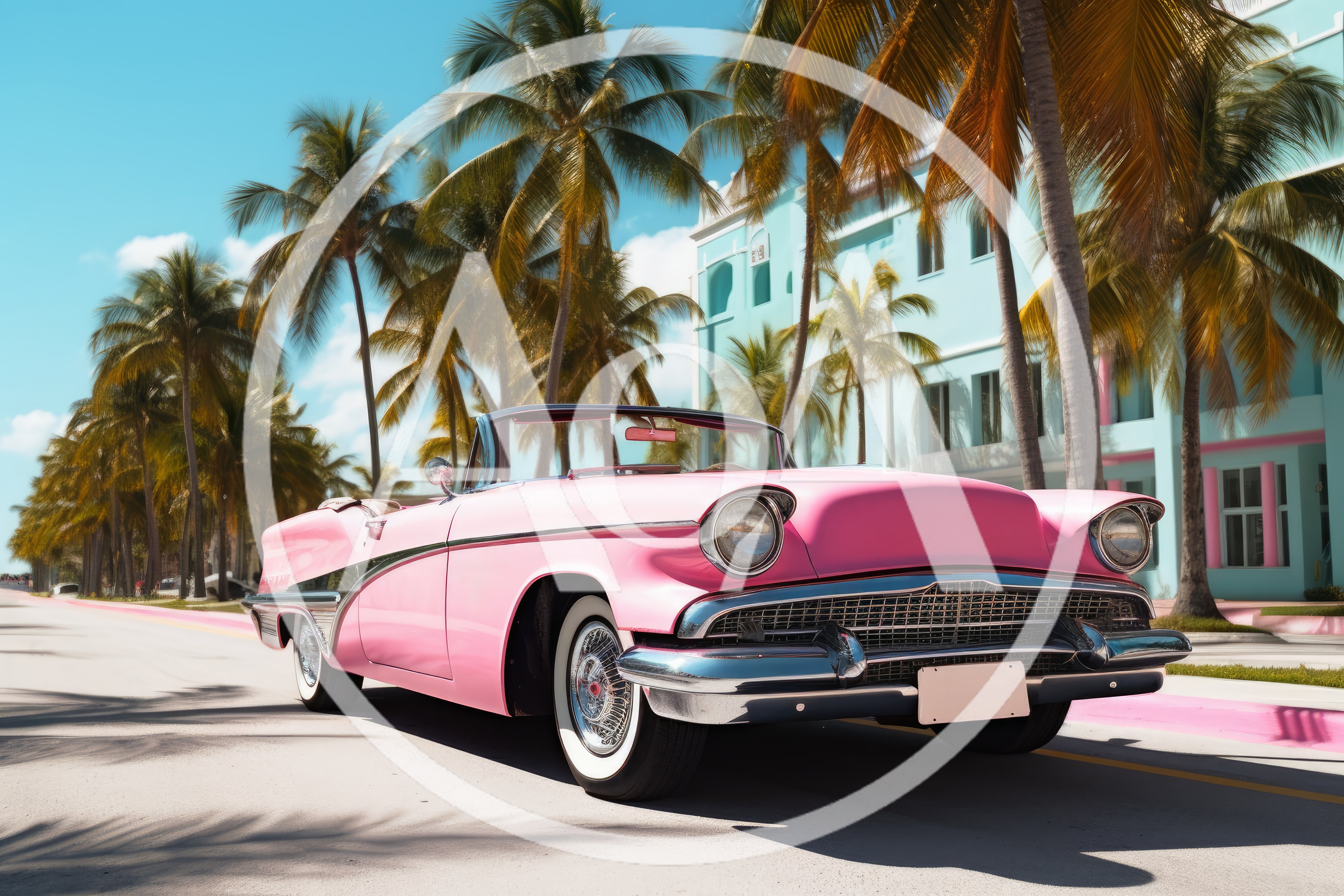 Vintage Pink Convertible Driving Down Palm Tree Lined Street