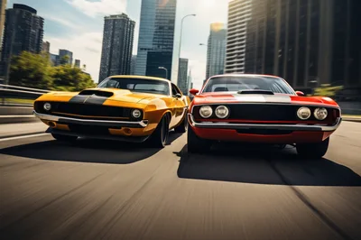 Yellow And Red Muscle Cars Racing On City Highway