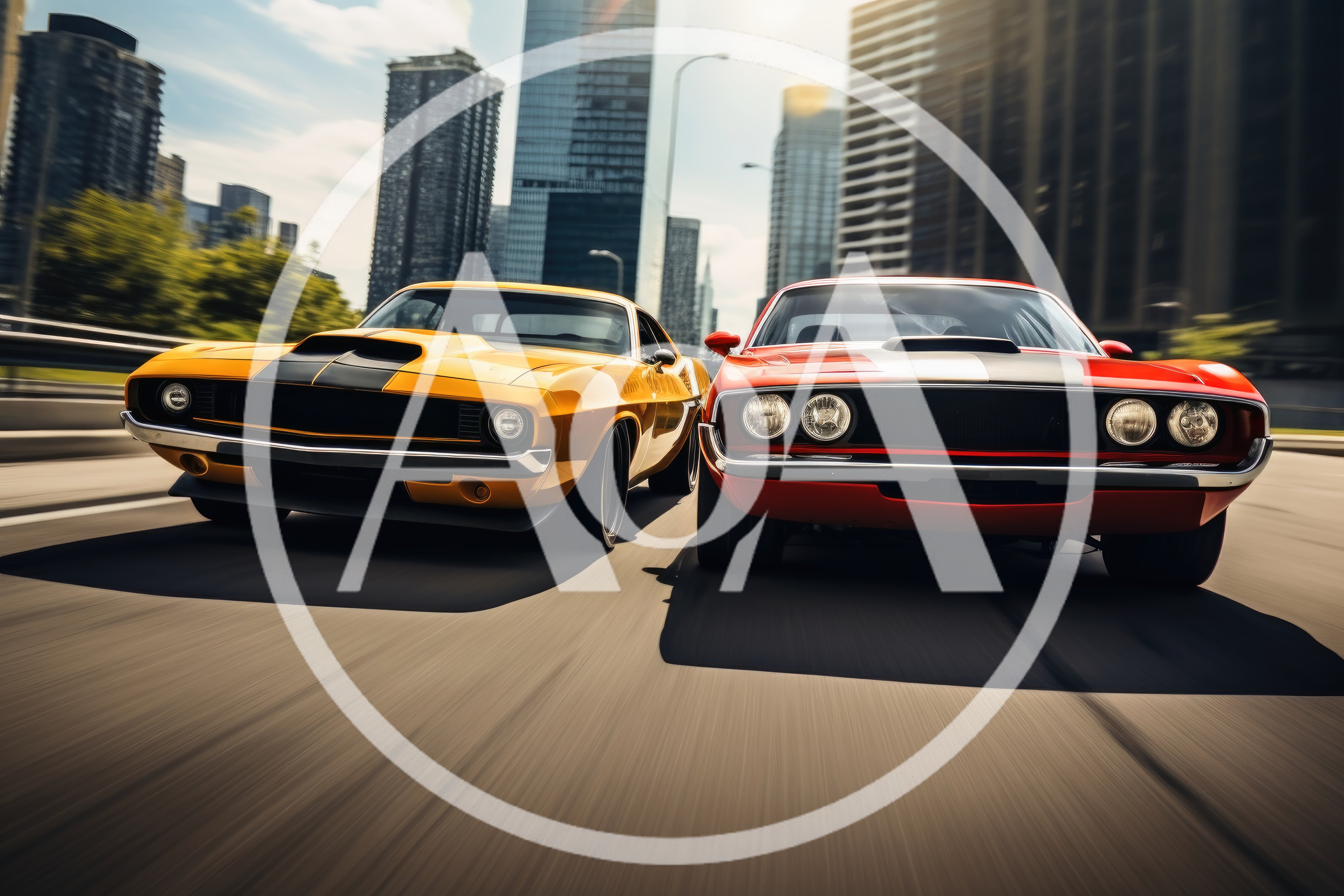 Yellow And Red Muscle Cars Racing On City Highway
