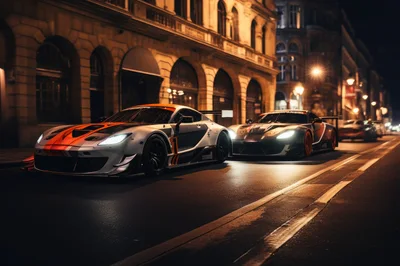 Two Racing Sports Cars Parked on City Street at Night