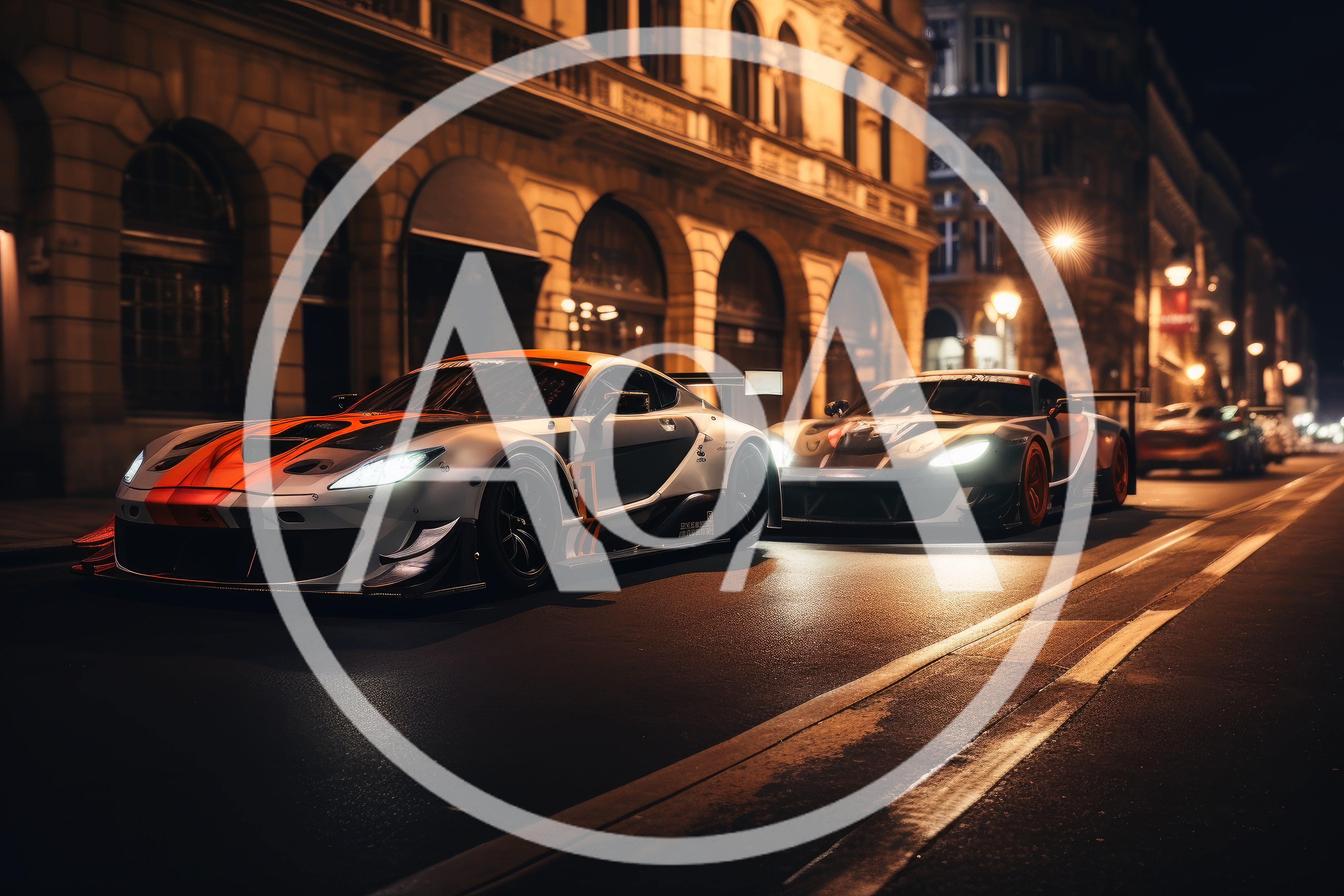 Two Racing Sports Cars Parked on City Street at Night