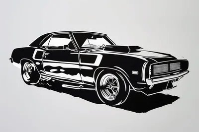 Black and White Illustration of a Classic Muscle Car