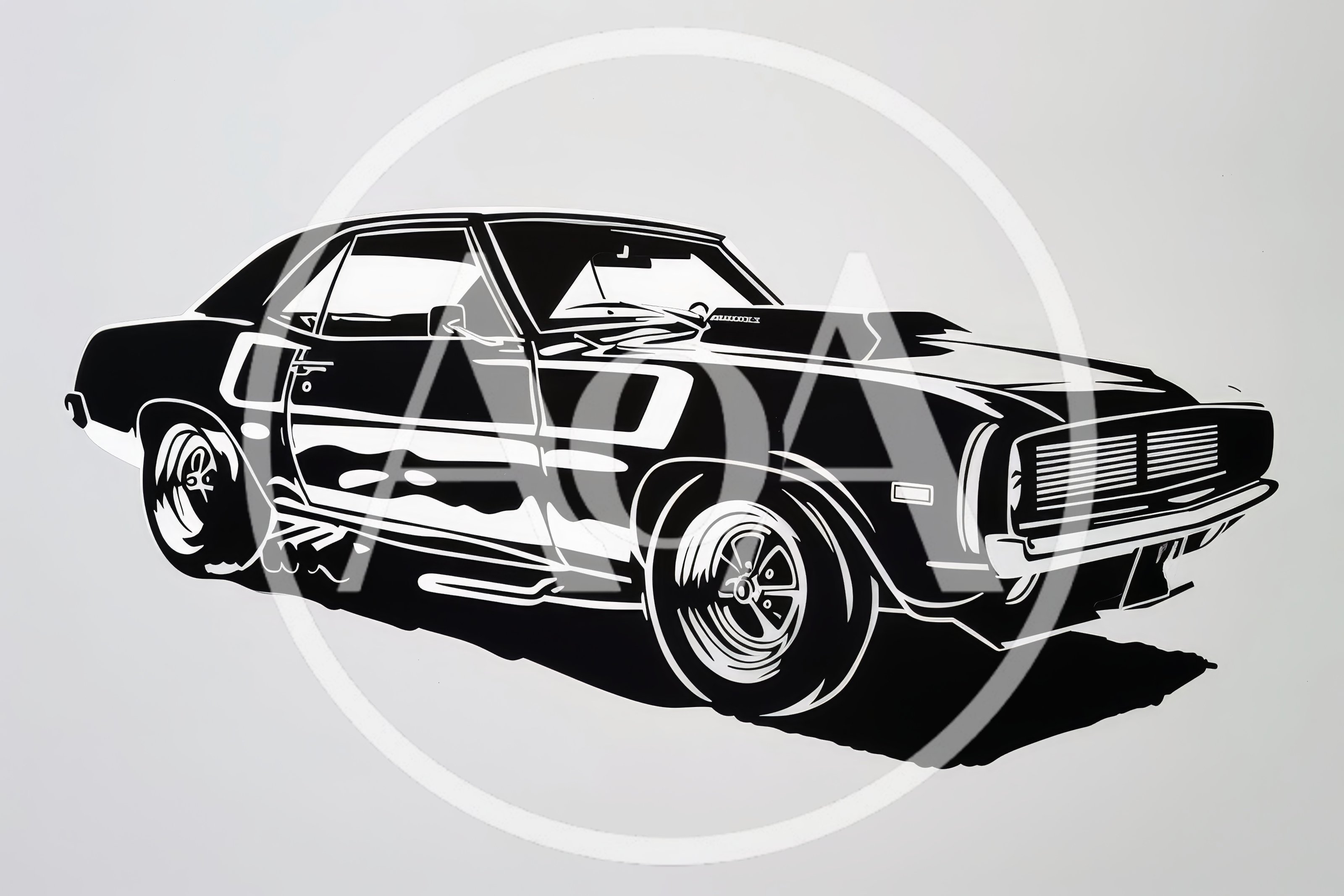 Black and White Illustration of a Classic Muscle Car