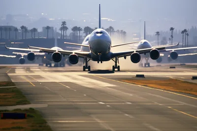 Multiple Commercial Airplanes Taxiing on Airport Runway