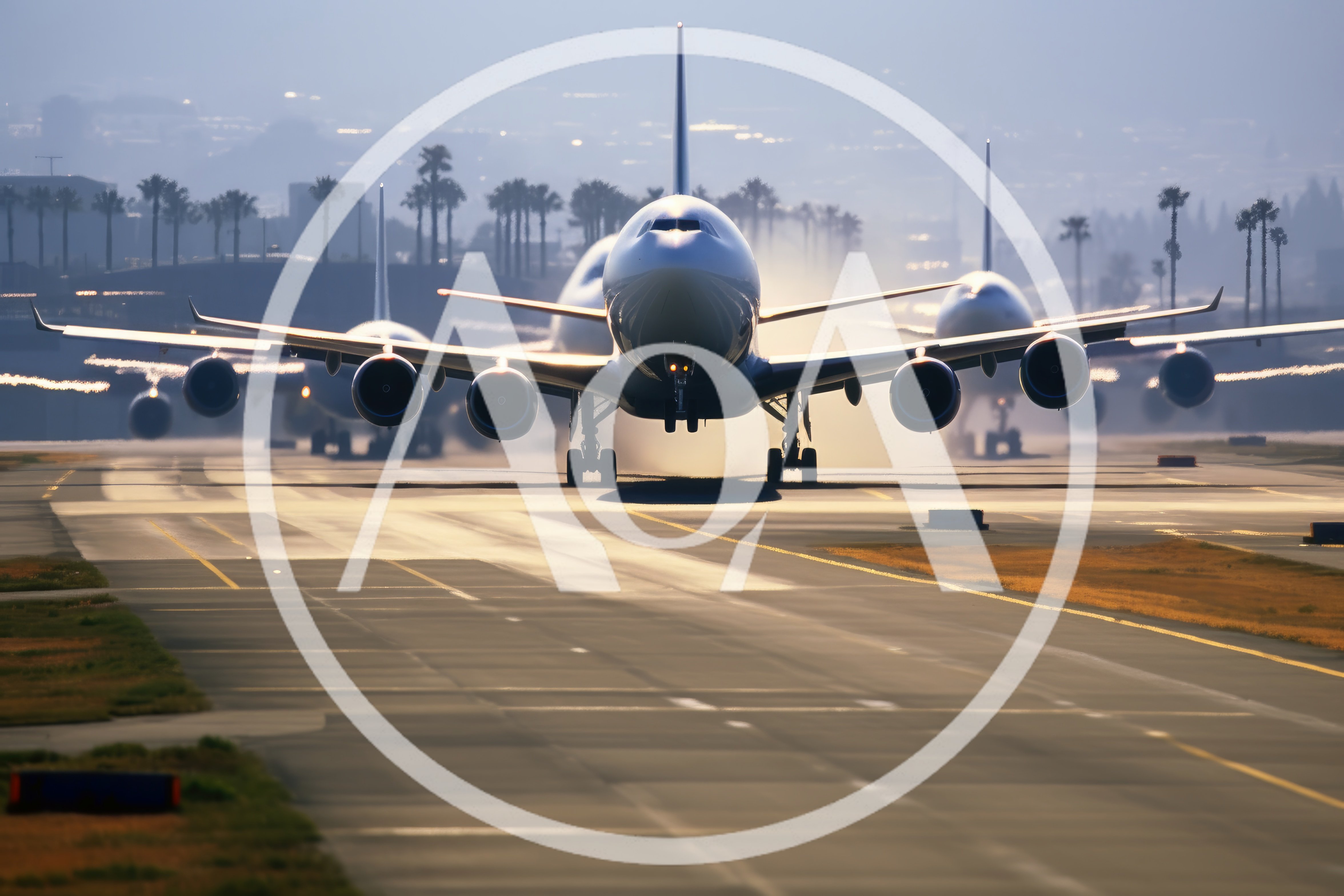 Multiple Commercial Airplanes Taxiing on Airport Runway