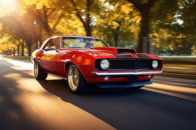 Red Classic Muscle Car Driving On Tree Lined Road