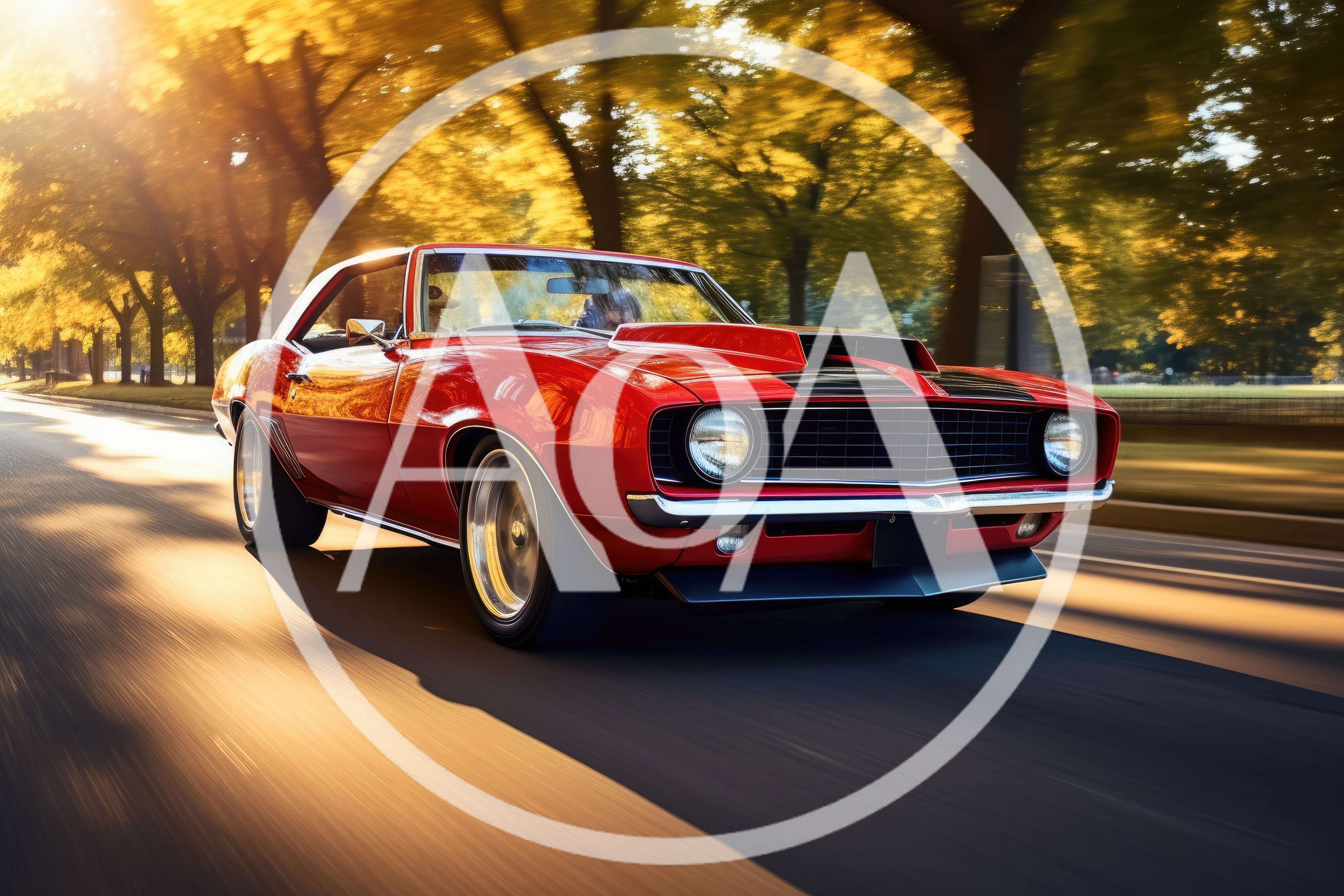 Red Classic Muscle Car Driving On Tree Lined Road