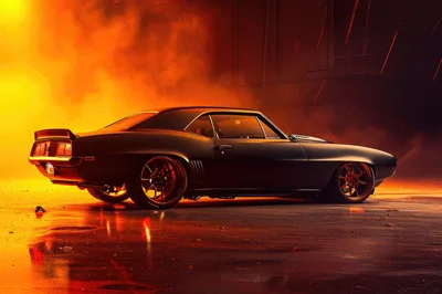 Custom Matte Black Muscle Car In Fiery Industrial Setting
