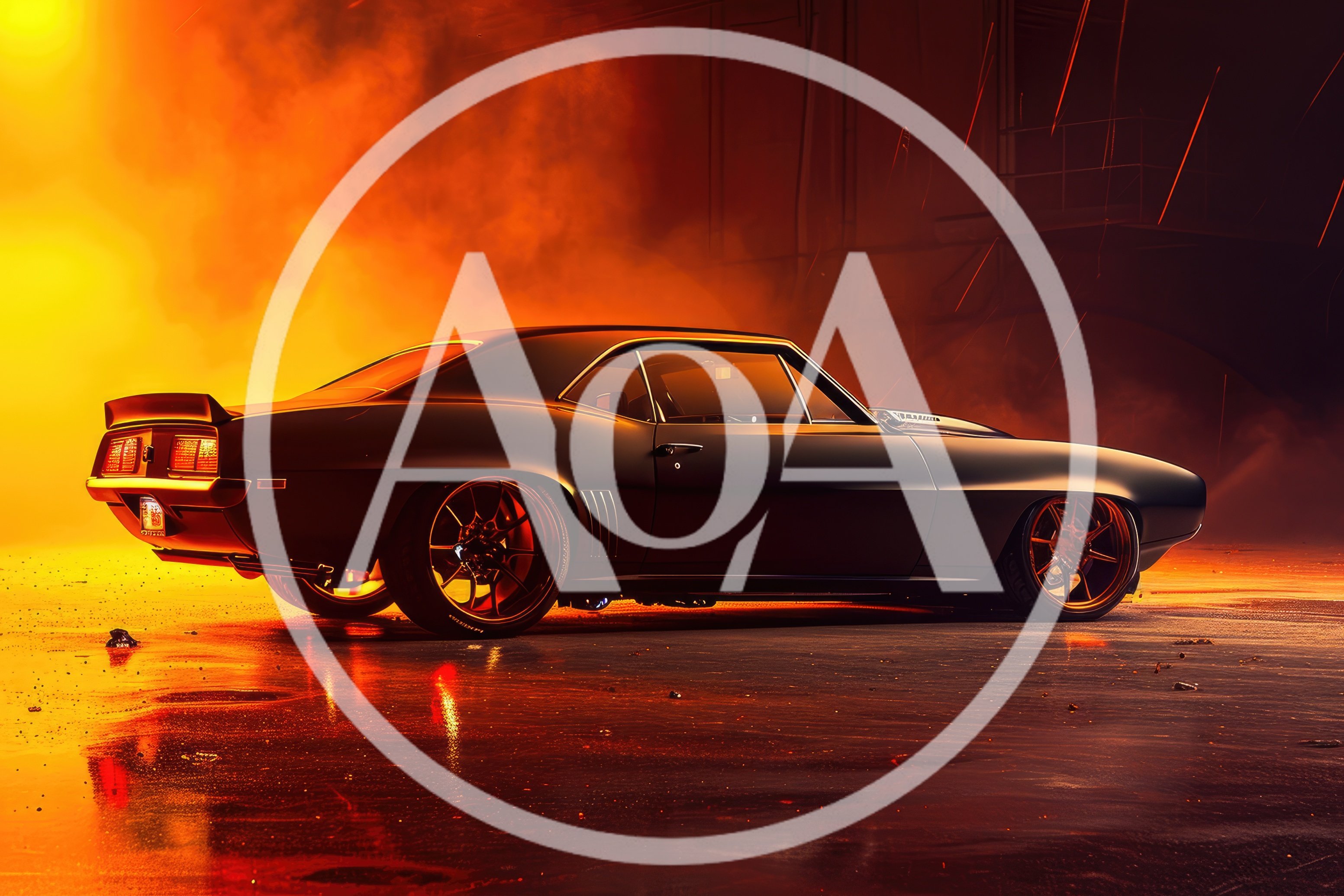 Custom Matte Black Muscle Car In Fiery Industrial Setting