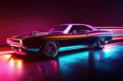 Neon Retro Muscle Car In Motion