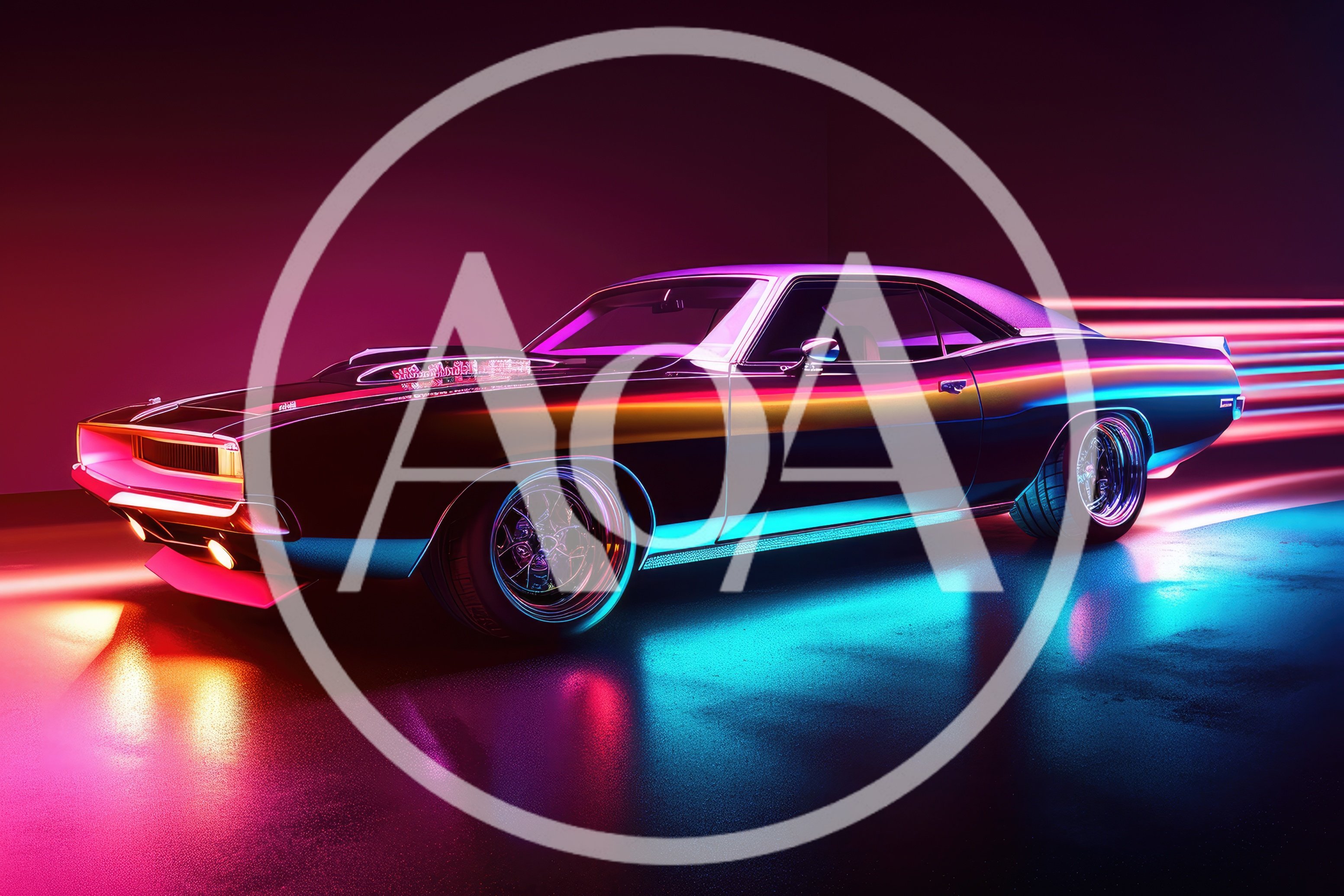 Neon Retro Muscle Car In Motion