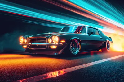 Custom Muscle Car Speeding Through Neon City Streets